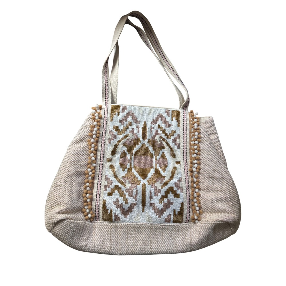 America & Beyond Large Beaded Beige Gold Cream White Boho Tote Bag